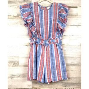 THML Womens S Multi Stripe Cotton Romper Ruffle Sleeve Coastal Chic NEW